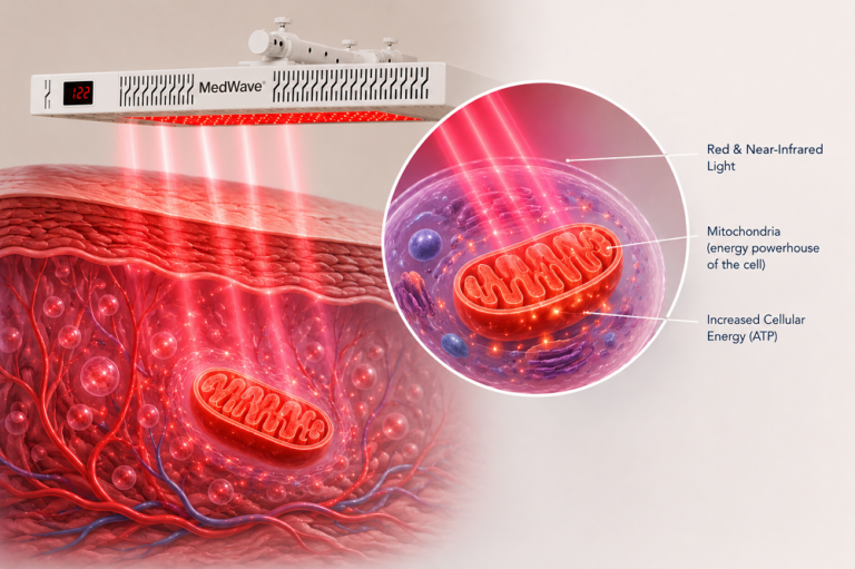 Red Light Therapy (Photobiomodulation) supporting mitochondrial function, cellular energy production and natural healing.